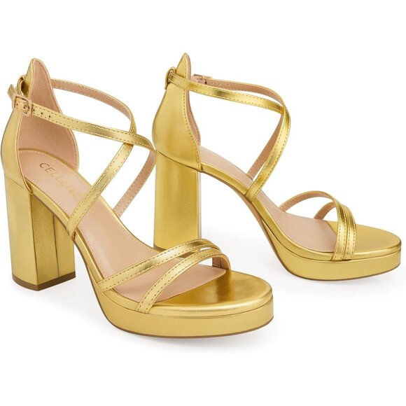 Women's Gold Sandal Stylish Comfortable Nude Chunky Blocked Strappy Heel Shoe - Picture 4 of 6